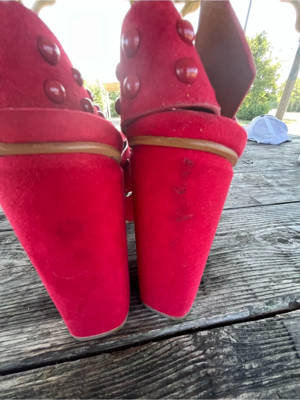 HALSTON Red Studded Women’s Suede Heeled Sandals PLATFORMS SZ  8.5